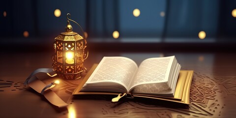 Wall Mural - an open book with a decorated lantern beside it. generative AI