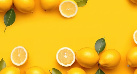 collection of fresh lemons on a yellow background with empty space for your text. Generative AI