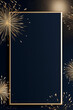 dark blue invitation card with gold yellow fireworks and a golden frame, sylvester