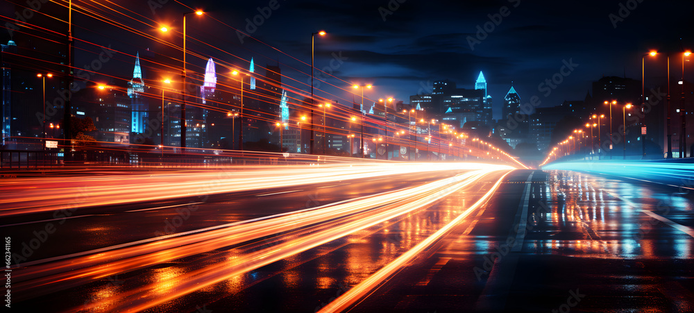 city street at night with rain on the ground and neon lights on the ...