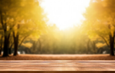 Poster - Wooden table top on blurred nature garden park background. Perfect for display product. High quality photo