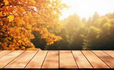 Poster - Wooden table background with autumn leaves and bokeh effect sunlight. High quality photo