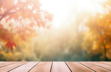Poster - Wooden table top on blurred autumn park with maple trees background. Perfect for display or montage your products. High quality photo
