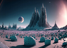 An Alien Arctic Tundra On An Extraterrestrial World, Icy Spires And Alien Creatures