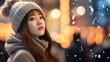 Close up portrait of beautiful asian woman in winter clothes.  Christmas holidays concept.