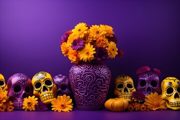 Wall Mural - Mexican Day of the Dead banner Background, Halloween Dia De Los Muertos, Mexican Sugar Skulls, Flower vase with flowers, Purple Background