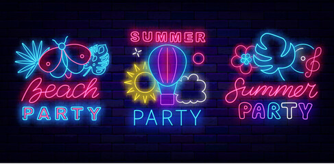 Wall Mural - Summer party neon labels collection. Light advertising template. Hot air balloon, sun and clouds. Vector illustration