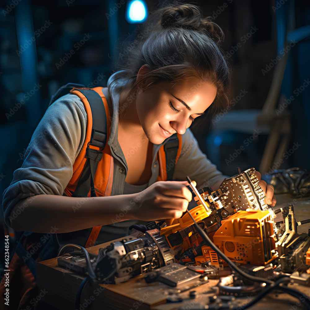 young woman inventor creating a new invention. Person fixing an ...