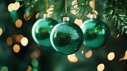 Wall Mural - green christmas balls with gold lights on abstract defocused dark background