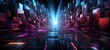Sci-Fi Futuristic warehouse blue neon light. Studio lights stage concert showroom podium virtual night blue Cyber alien spaceship 3D illustration. Ai