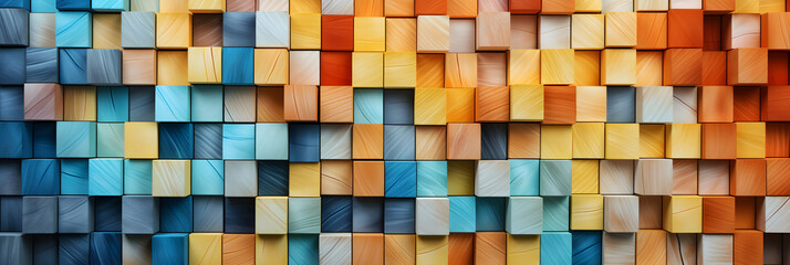 Colorful cubic wooden texture, wood cube background, checkered wooden texture, banner