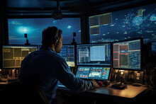 In The Control Room Of The Oil Rig, A Male Engineer Analyzes Data On Computer Screens, Making Critical Decisions To Optimize Drilling Operations. 