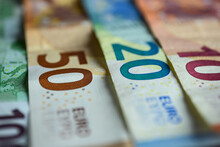 Euro Bills Close Up. Close Up Shot Of 50 And 20 Euro Bank Notes. High Quality Photo