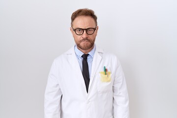 Poster - Middle age doctor man with beard wearing white coat skeptic and nervous, frowning upset because of problem. negative person.