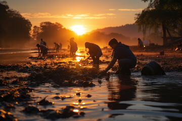 Poster - A group of volunteers cleaning up a polluted beach, demonstrating the commitment to environmental stewardship. Concept of environmental responsibility. Generative Ai.