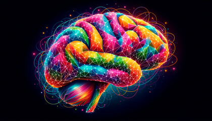 Aufkleber - Human brain with colorful abstract connections on black background. Generative AI