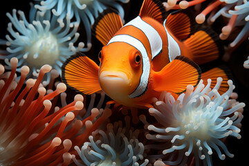 Poster - A clownfish poking its head out of an anemone with curious expressions, looking amusingly perplexed. Concept of animal curiosity. Generative Ai.