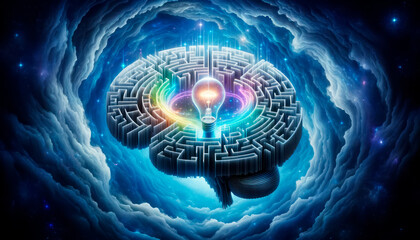 Poster - brain with glowing lightbulb in blue space background, idea concept. Generative AI