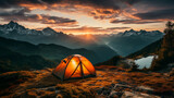 Fototapeta Natura - tent on the top of a mountain in sunset