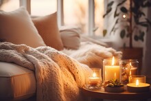 Hygge Ambience - Cozy Living Room With Candles, Blankets, And Soft Lighting - Danish Art Of Coziness - AI Generated