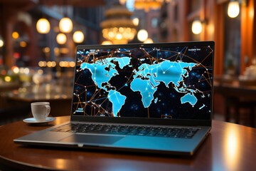 Poster - an open laptop with a world map on the screen, showcasing the power of the internet in accessing inf
