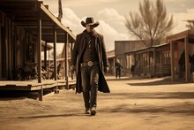 Cowboy Enters The Old West Town In Full Body