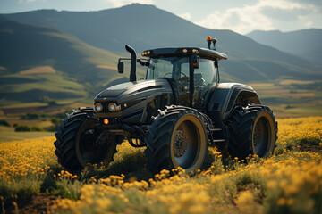 Poster - A farmer using modern machinery, demonstrating progress in agricultural technology. Concept of agricultural advancement. Generative Ai.