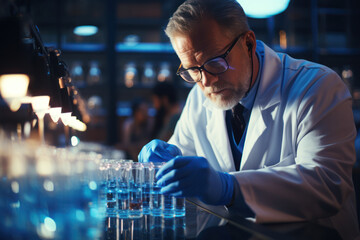 Poster - a scientist in a lab coat with test tubes, symbolizing progress in scientific discovery and experime