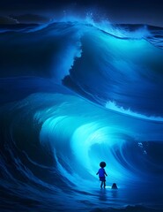 Wall Mural - Little boy and surfing waves, Generative AI illustrations