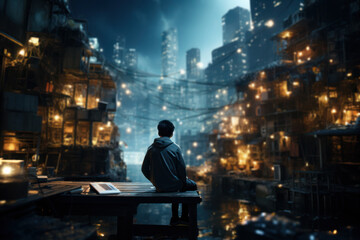 Poster - a person immersed in a crowded cityscape, navigating the complex web of urban life. concept of urban