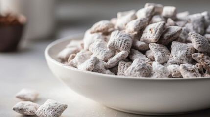 Wall Mural - A bowl full of chocolate blocks with sweet sprinkles. Chocolates in white bowl with powdered sugar in blurred bakery kitchen.