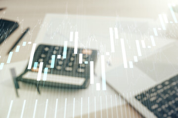 Aufkleber - Double exposure of virtual creative financial diagram on calculator and pc background, banking and accounting concept
