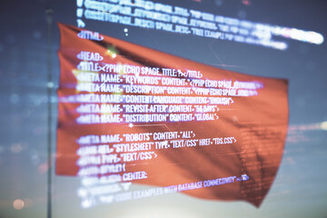 Poster - Multi exposure of abstract programming language hologram on flag of China and blue sky background, artificial intelligence and machine learning concept