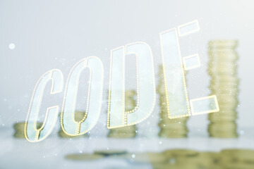 Aufkleber - Code word hologram on coins background, international software development concept. Multiexposure