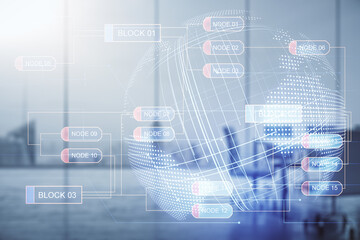 Poster - Multi exposure of abstract graphic coding sketch and world map on a modern furnished classroom background, big data and networking concept