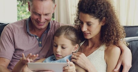 Poster - Home, relax and family with a tablet, happiness and connection with development, bonding and social media. Happy parents, mother and father with girl, games and tech with online reading or elearning