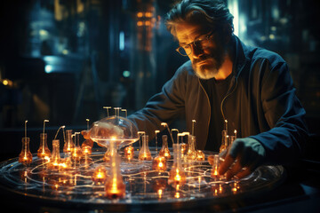 Poster - a scientist conducting quantum experiments, exploring the potential links between quantum physics an