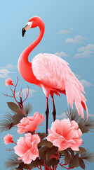 Wall Mural - Pink flamingo on the background of nature with exotic beautiful flowers, illustration