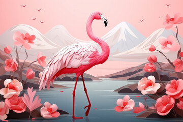 Wall Mural - Pink flamingo on the background of nature with exotic beautiful flowers, illustration