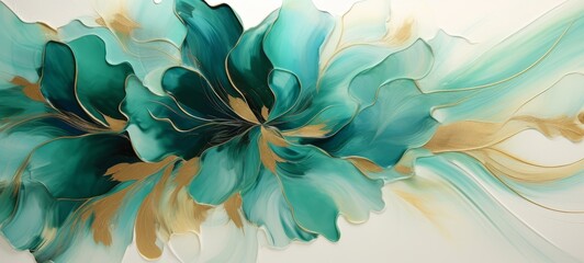 Poster - Abstract marbled ink liquid fluid watercolor acrylic oil painting texture banner  - Turquise green petals blossom flower swirls gold painted lines, isolated on white background