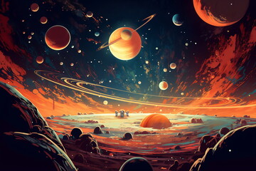 Wall Mural - Solar system and futuristic space station. Colorful planets, galaxy and universe. Space cartoon.