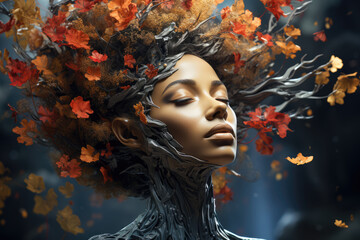 Wall Mural - a digital portrait that seamlessly blends elements of nature with the human form, creating a surreal