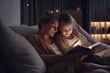 © Canvas Alchemy - Family before going to bed mother reads to her child a book near a lamp in the evening
