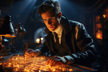 Poster - a portrait of a young scientist with a microscope, emphasizing the pursuit of knowledge. generative 