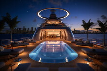 A Beautiful Shot Of A Pool On The Yacht Under A Dark Blue Sky At Night Time