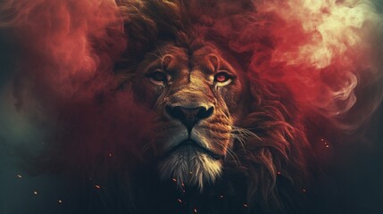 Wall Mural - red smokey background lion head beautiful picture ai generated art