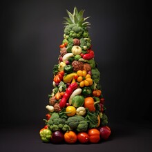 Christmas Tree Made Of Vegetable On Black Background