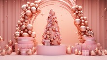 3D Rendered Geometric Podium With Glossy Christmas Tree And Candy Cane Decor On Abstract Rose Gold Background For Festive Product Show And Holiday Celebration