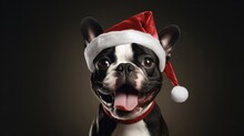 Adorable Boston Terrier Celebrates Christmas With Poopsie Santa Hat And Tongue Out Against Festive Background