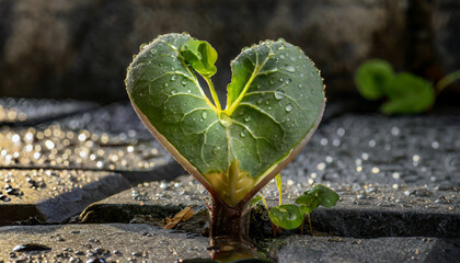 A heart-shaped leaf growing from crack, resilience  ESG sustainability and the potential for growth.